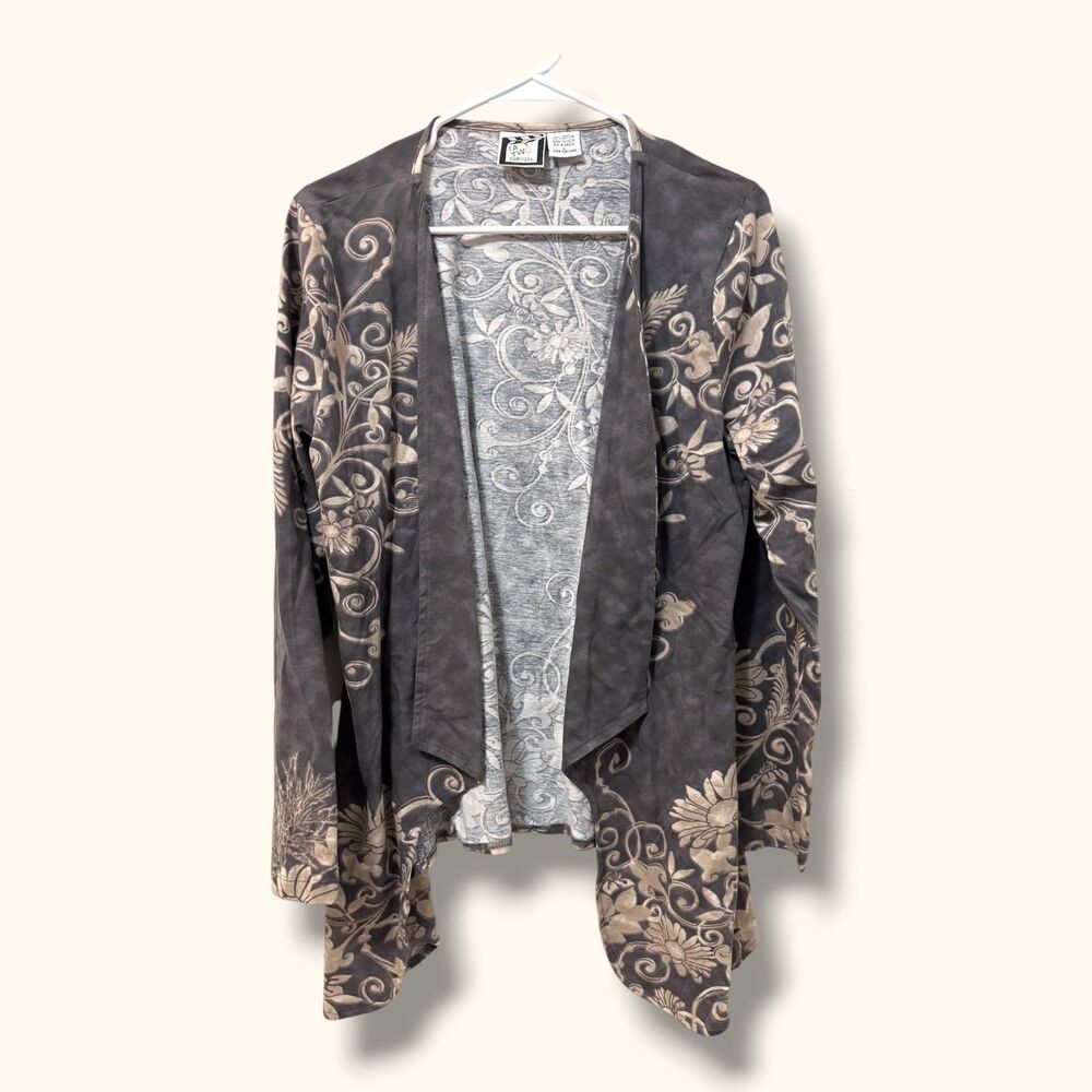 Take Two Cardigan Womens L Open Front Waterfall Floral Print Cotton Gray Boho